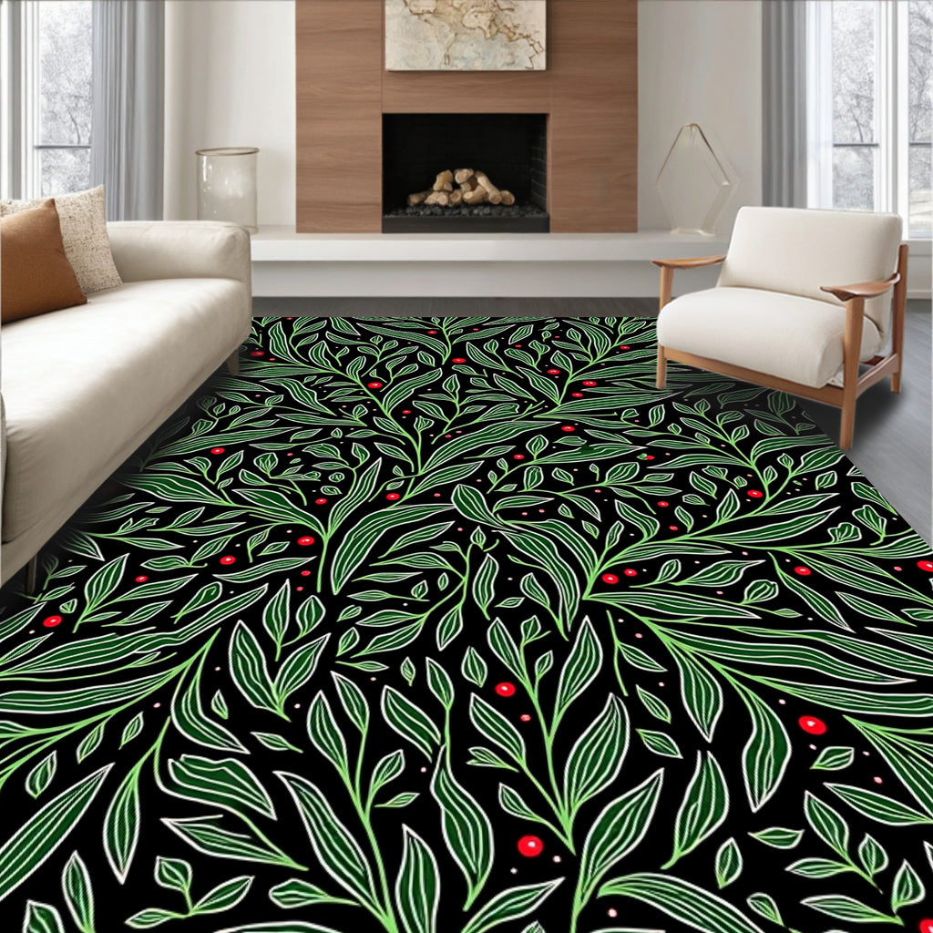Emerald Green Leafy Vine Red Berries Rug