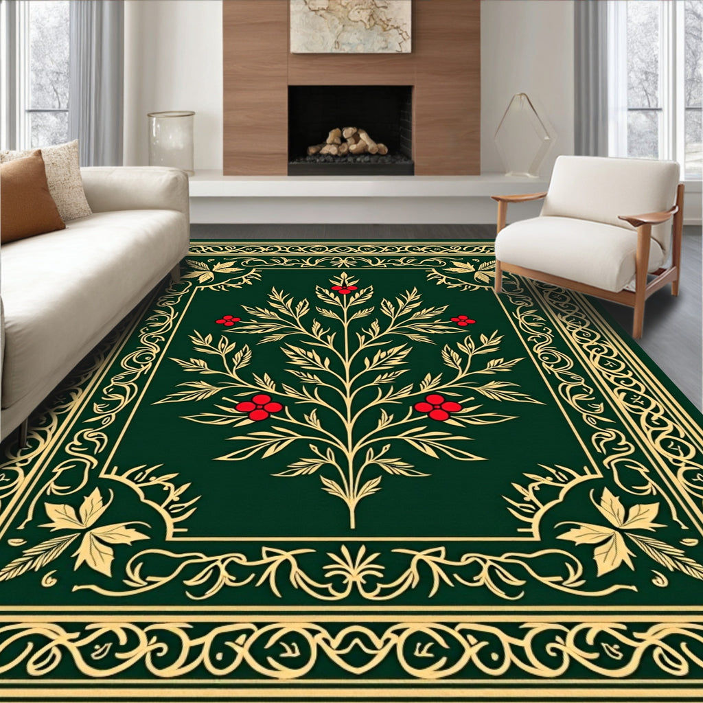 Emerald Green Red Berry Floral Vine Rug