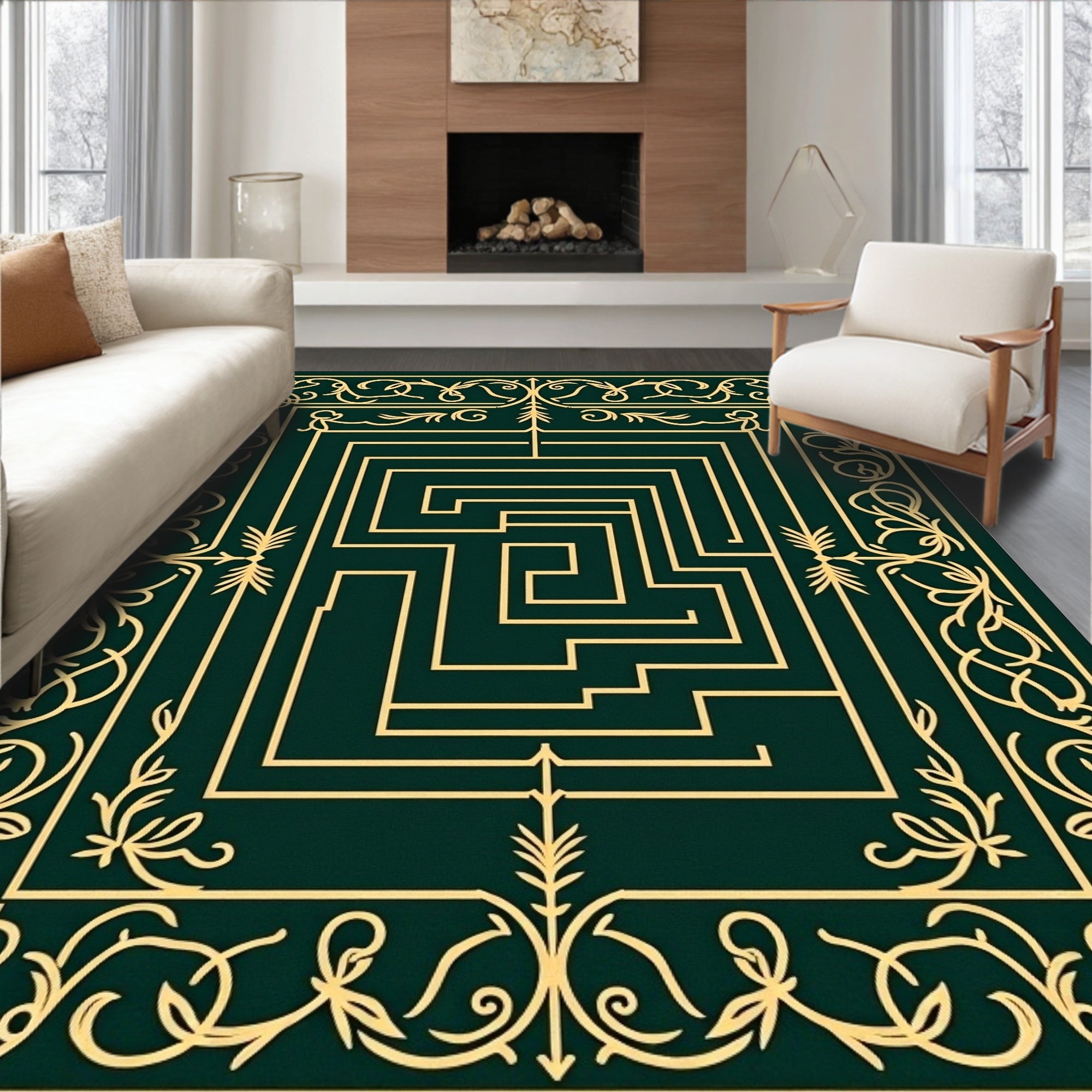 Emerald Green Golden Maze Border Rug