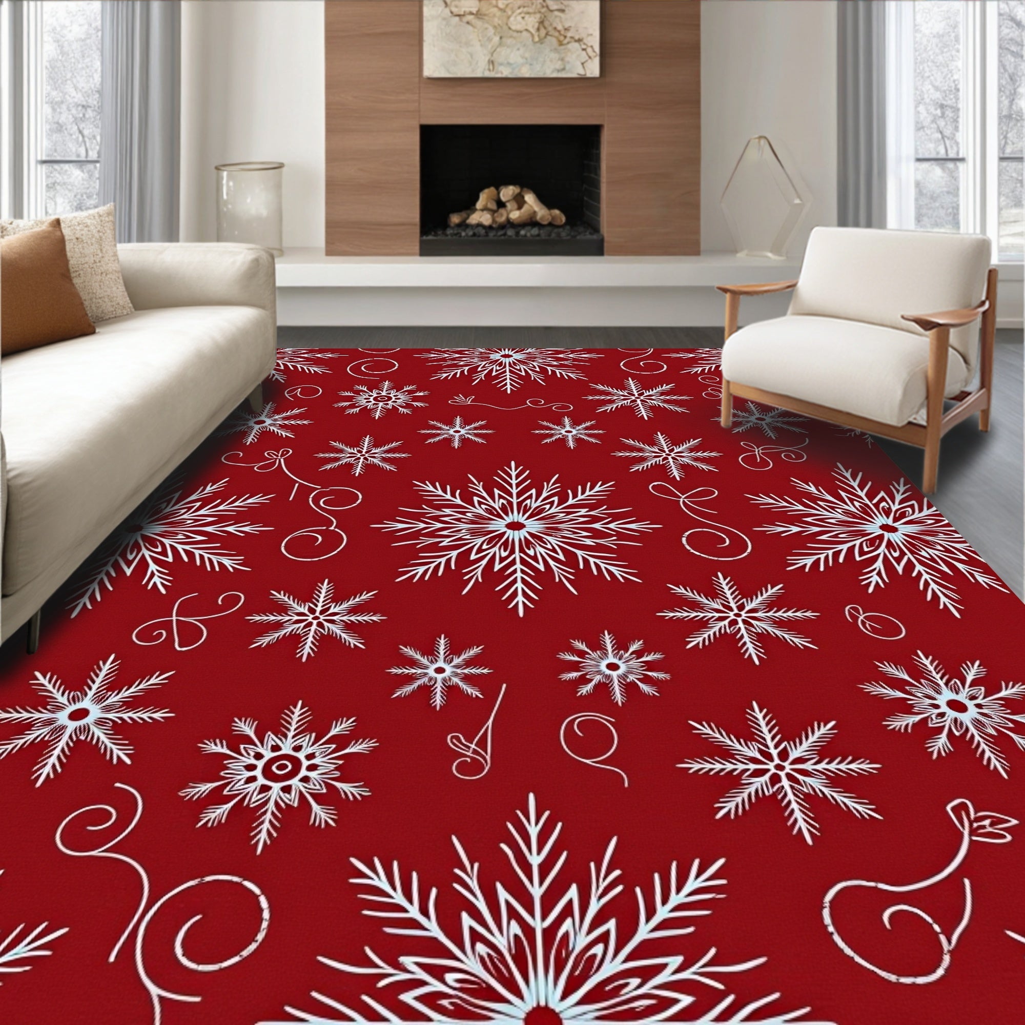 Red White Snowflake Holiday Cluster Rug