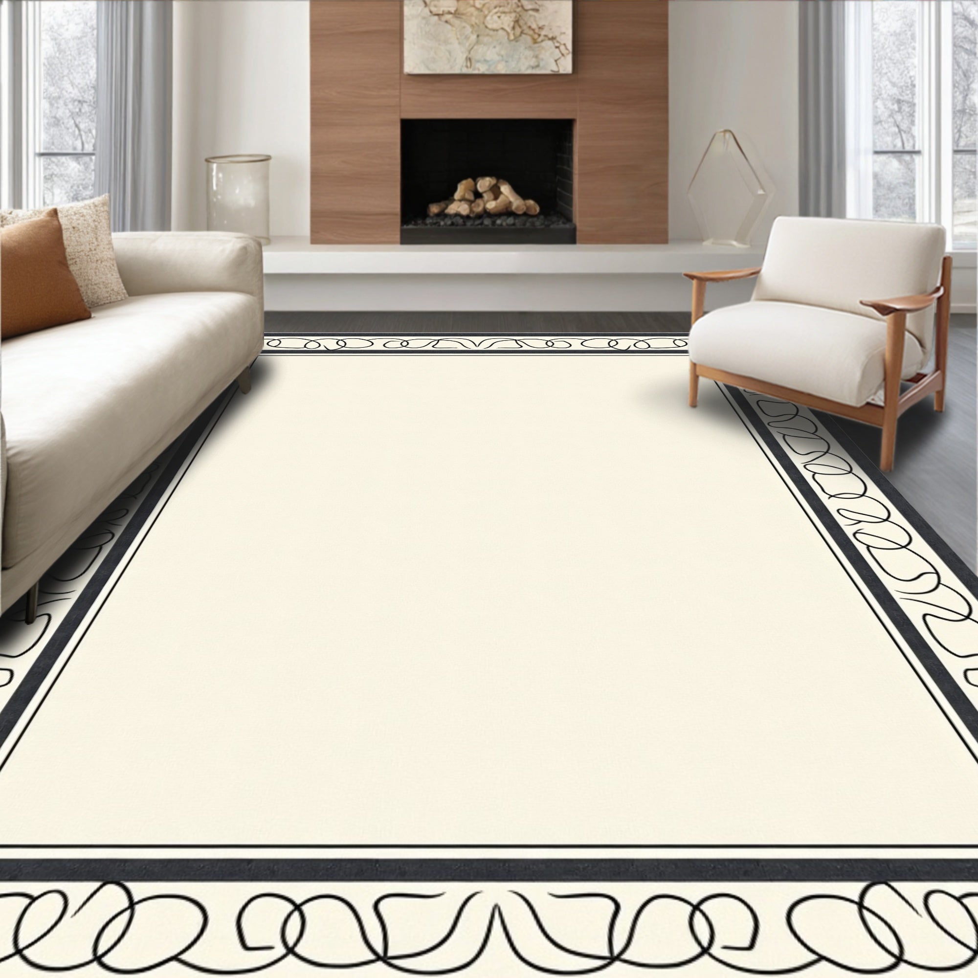 Ornate Cream And Black Border Rug