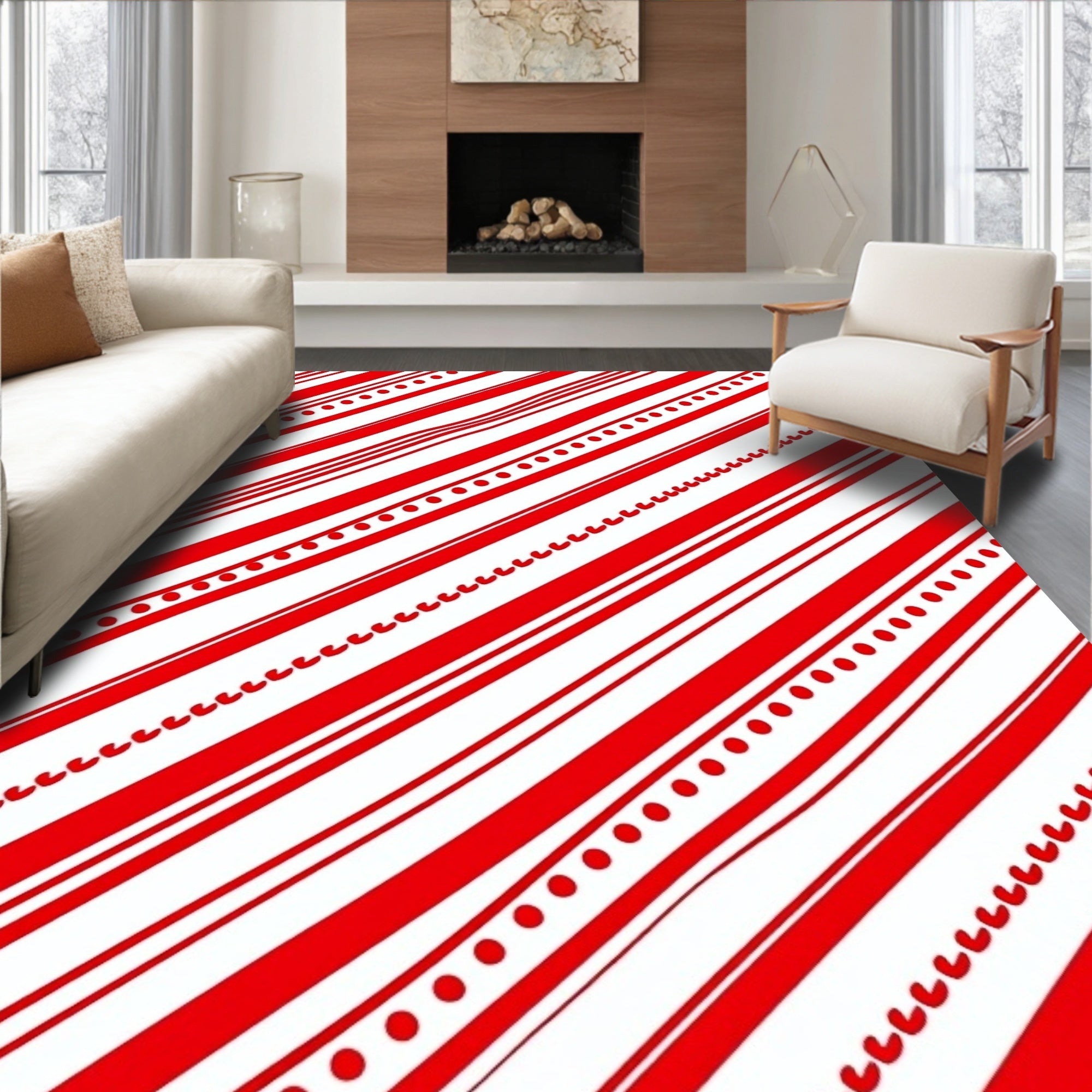 Red White Diagonal Stripe Circles Rug