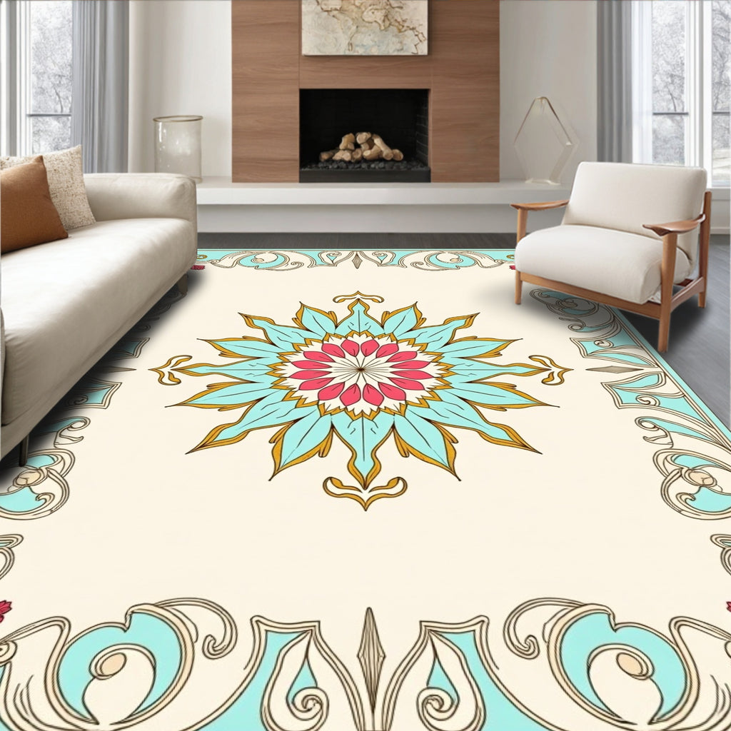 Coastal Teal Floral Starburst Rug
