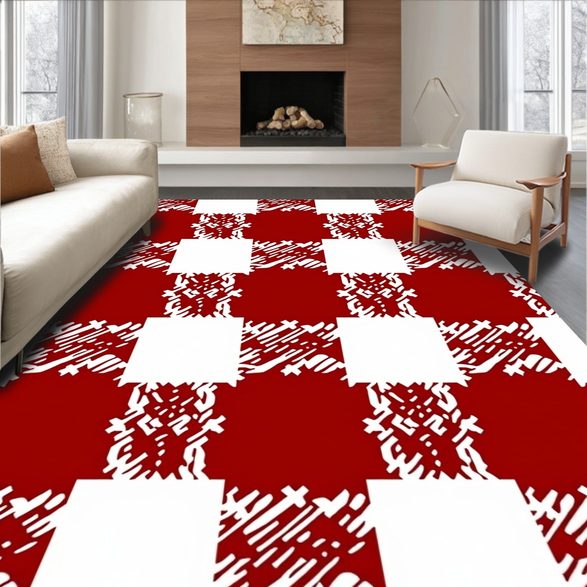 Red White Textured Gingham Checker Rug