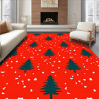 Christmas Trees Snow Red Background Rug