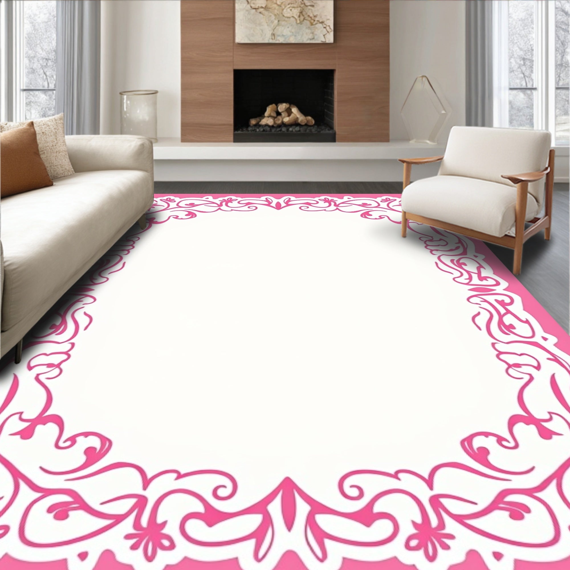 Pink Floral Bordered Art Rug