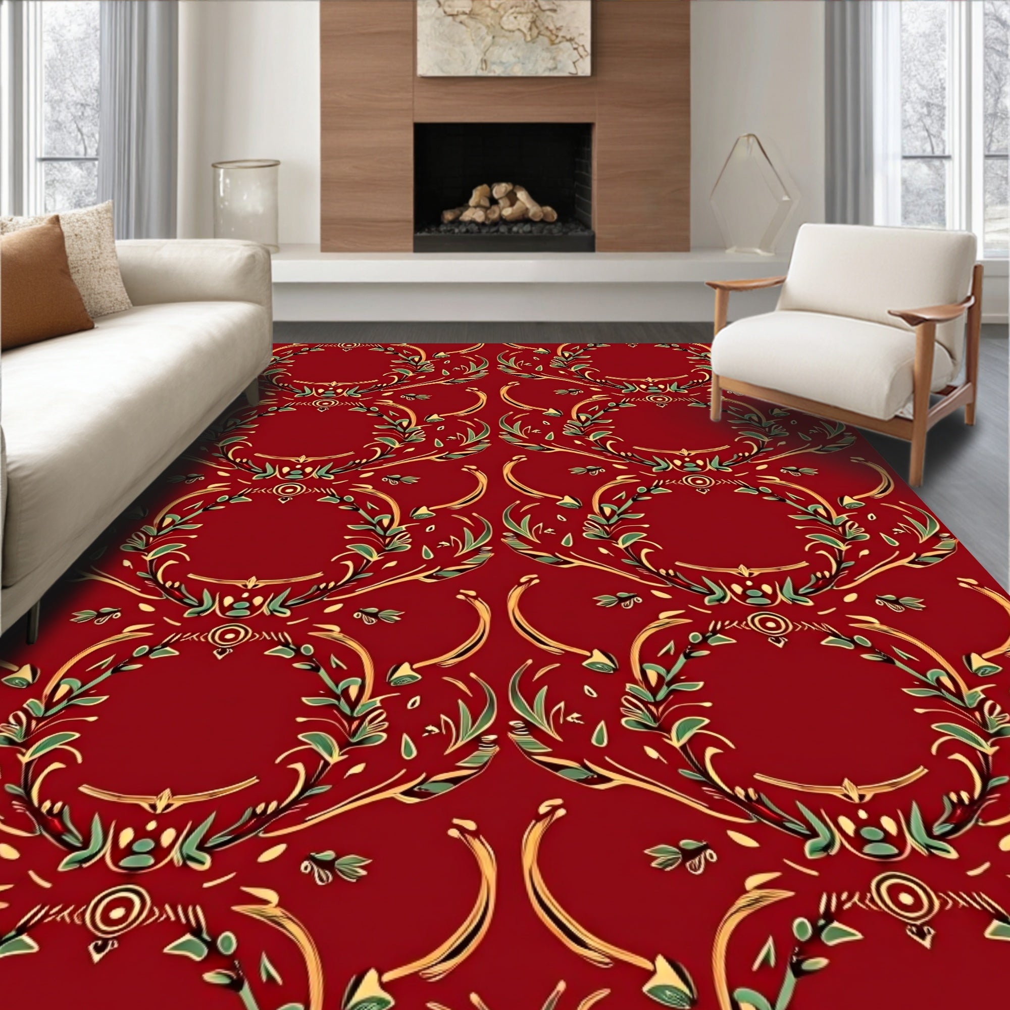 Crimson Gold Green Floral Wreath Rug