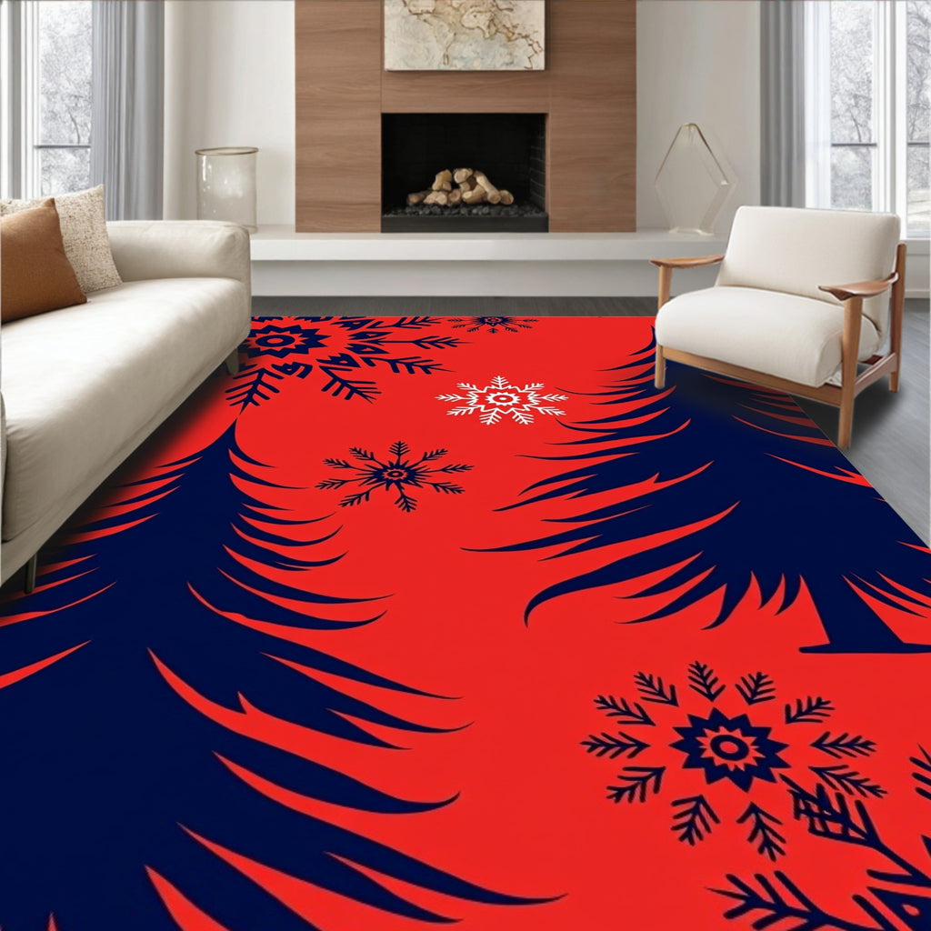 Crimson Navy Pine Snowflakes Rug