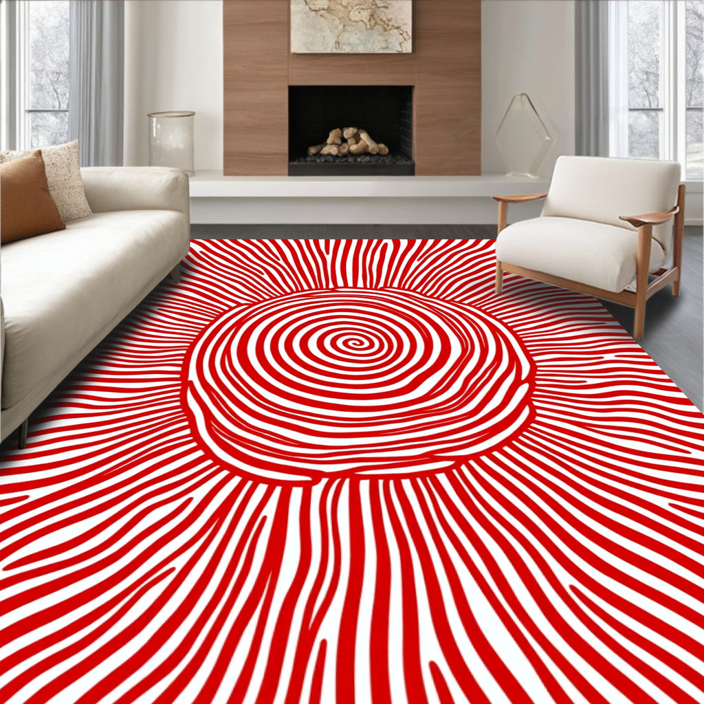 Red Swirl Sunburst Rays Rug