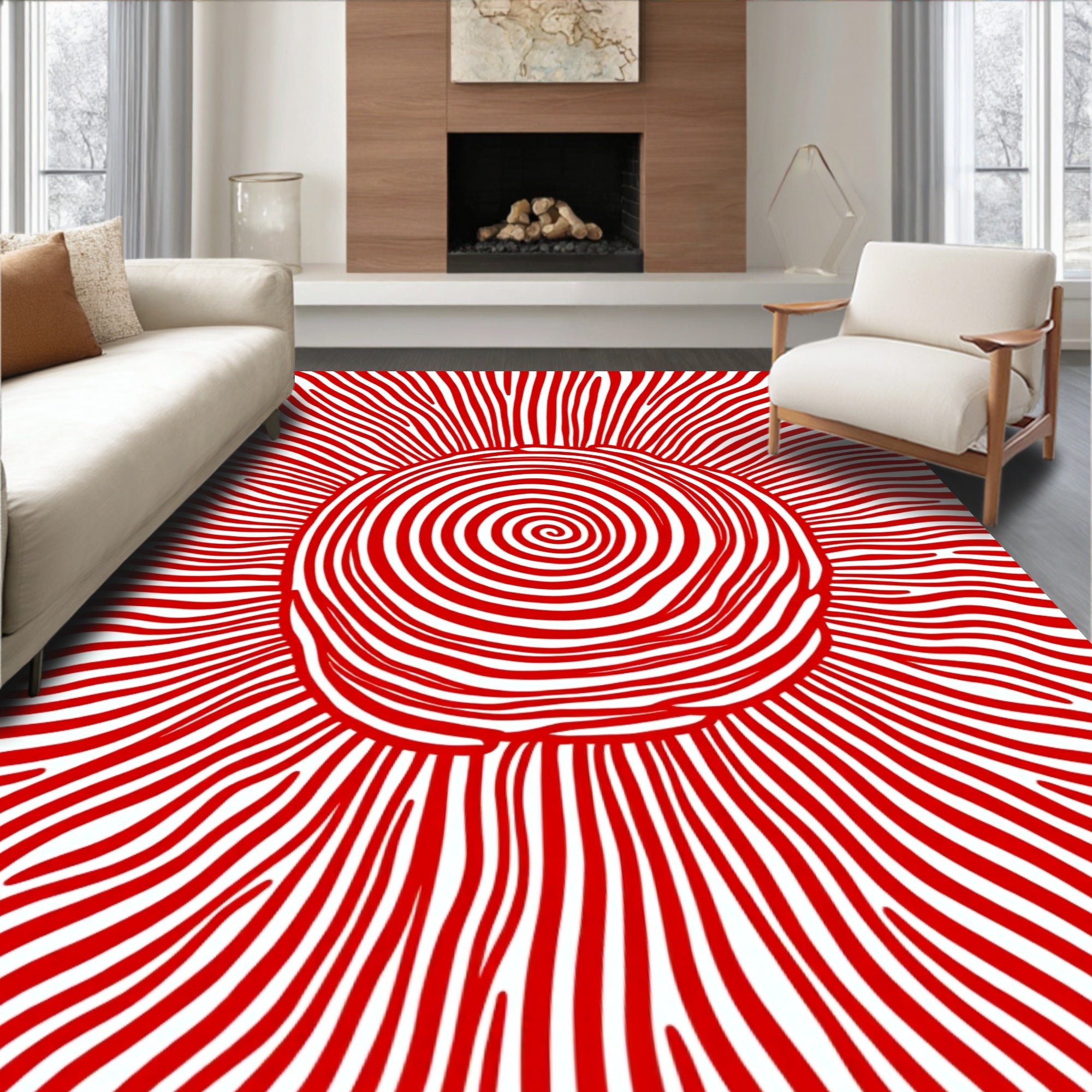 Red Swirl Sunburst Rays Rug