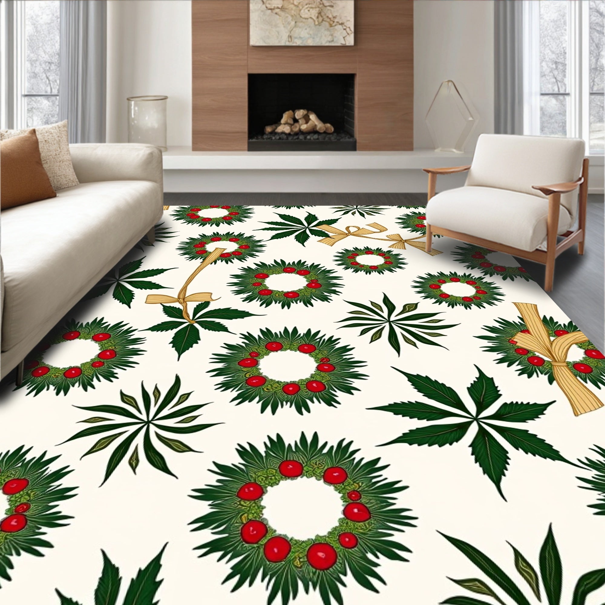Green Wreath With Red Berries Bows Rug