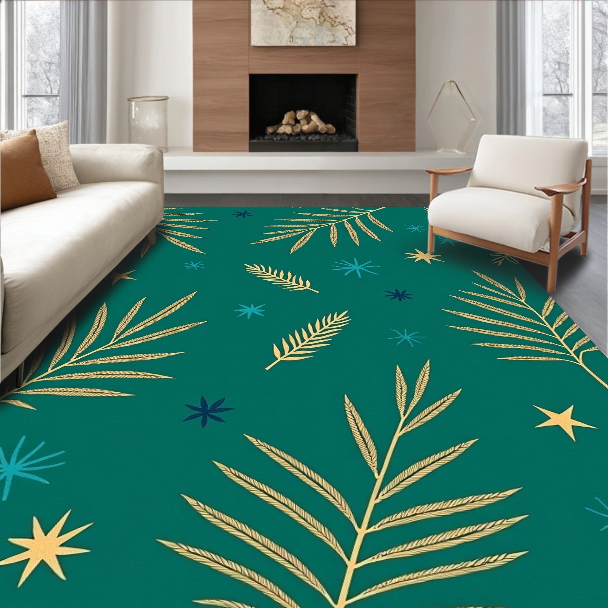 Gold Fern Teal Starburst Tropical Rug