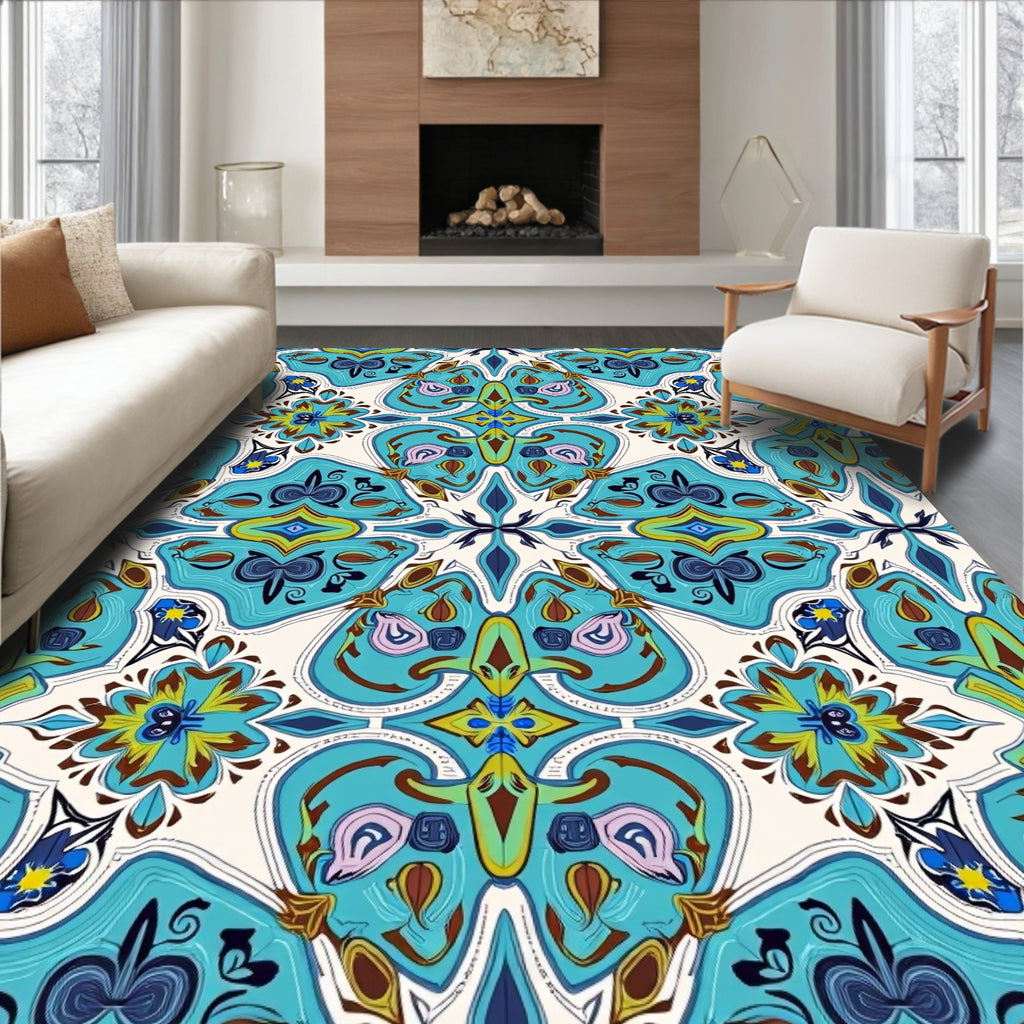 Aqua Emerald Gold Abstract Medallion Rug