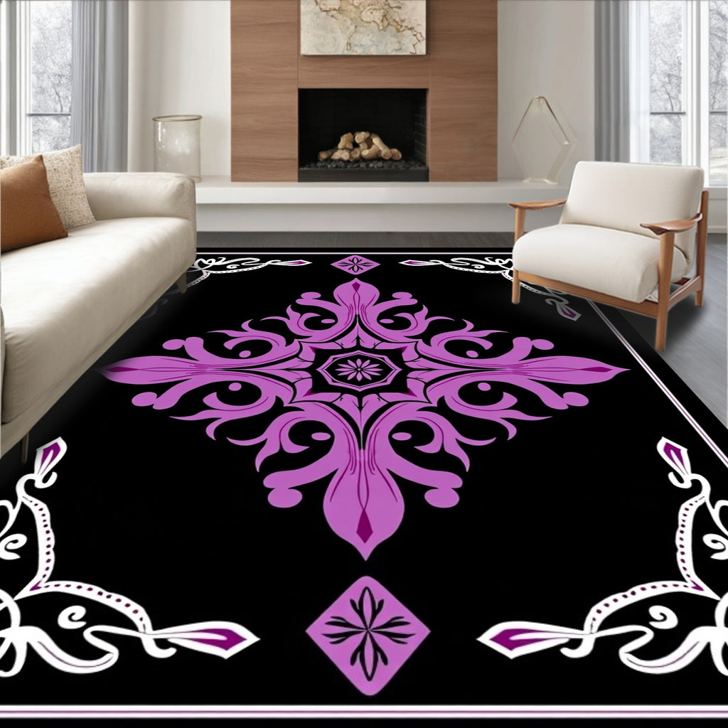 Ornate Purple Floral Black Medallion Rug