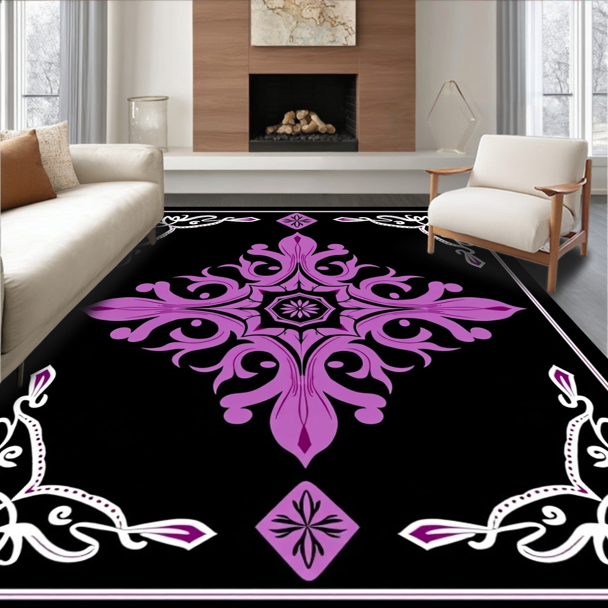 Ornate Purple Floral Black Medallion Rug