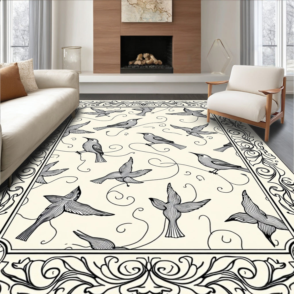 Vintage Black Bird Scroll Frame Rug