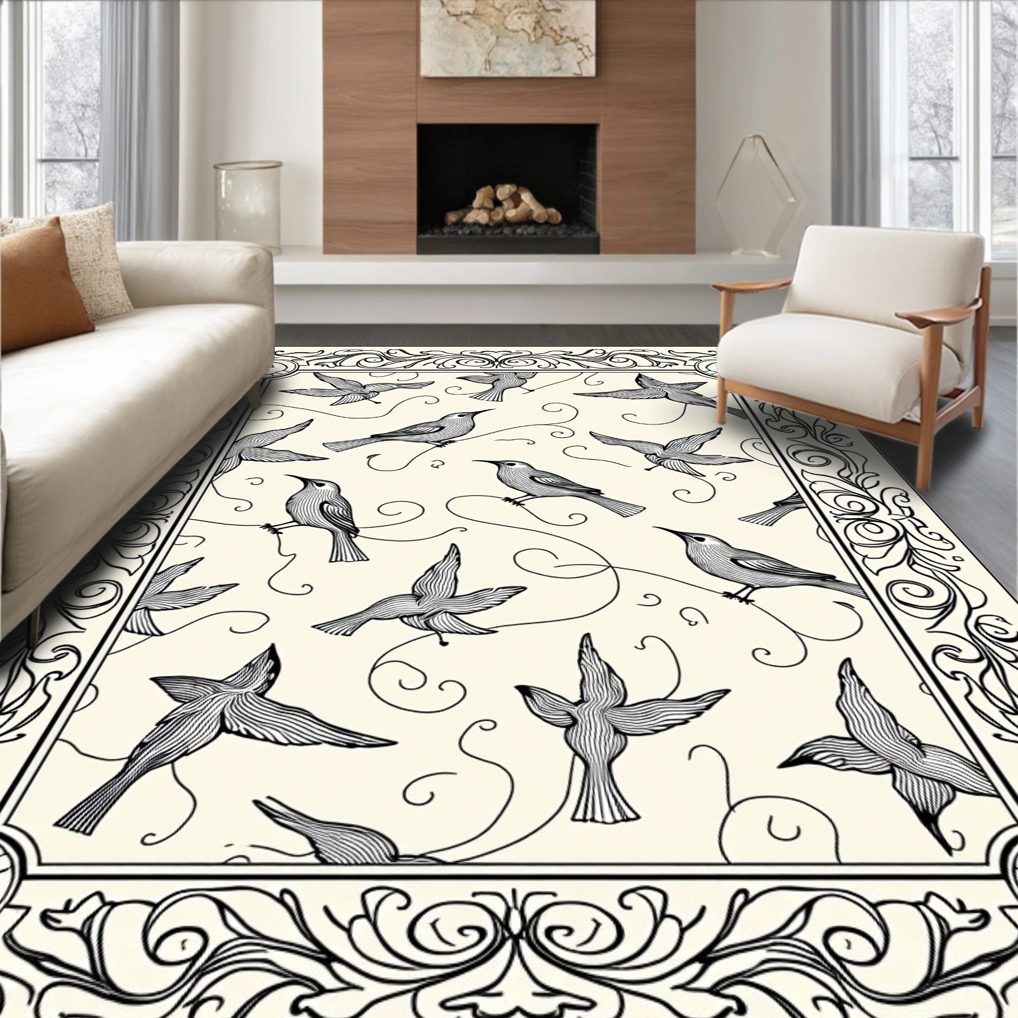 Vintage Black Bird Scroll Frame Rug