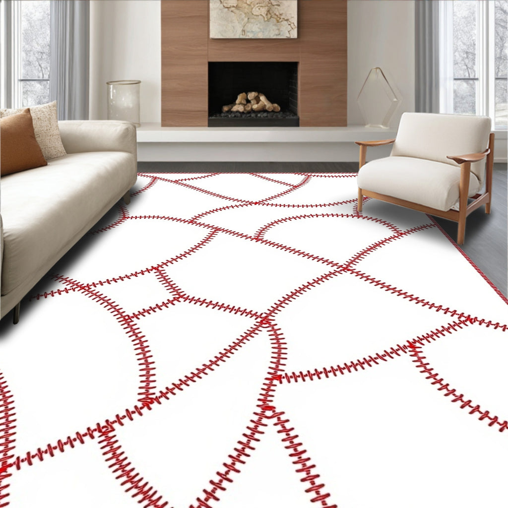 Red Stitched White Geometric Patchwork Rug