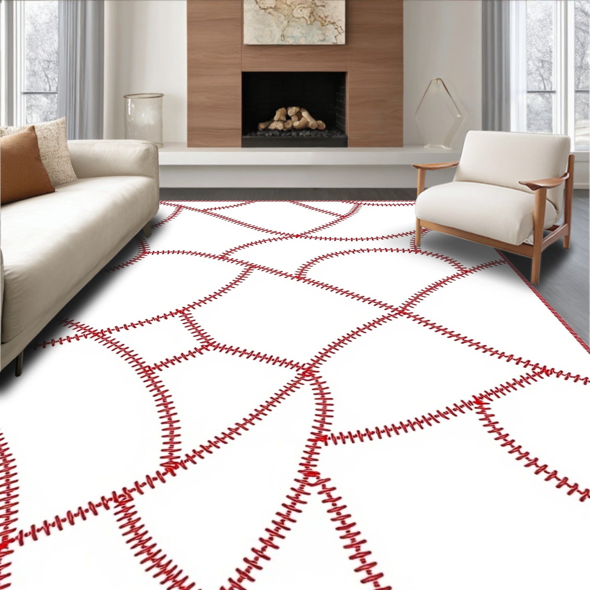 Red Stitched White Geometric Patchwork Rug