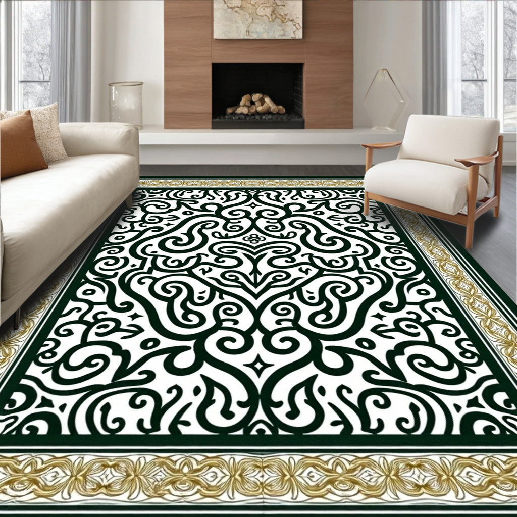 Elegant Black White Gold Swirl Rug