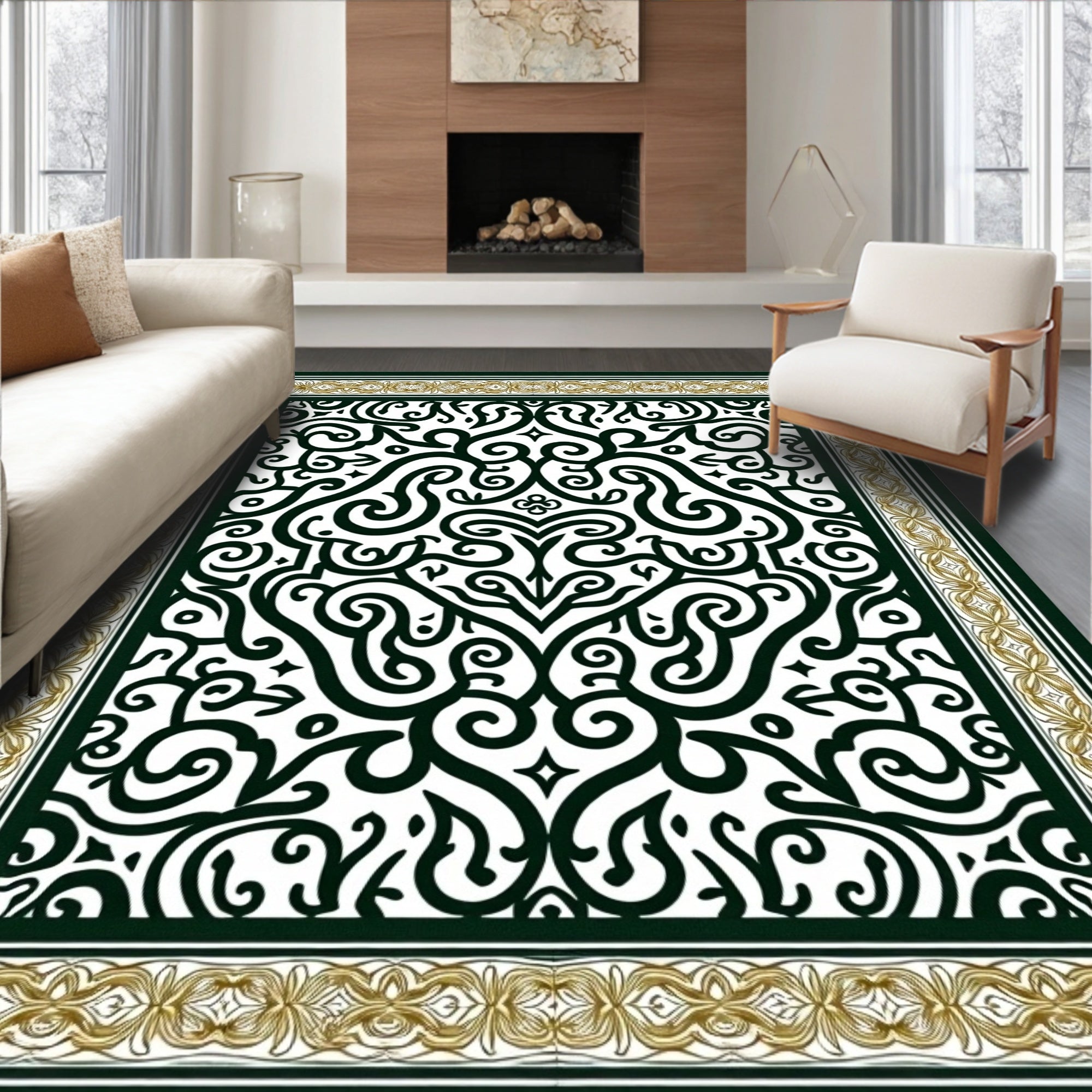 Elegant Black White Gold Swirl Rug