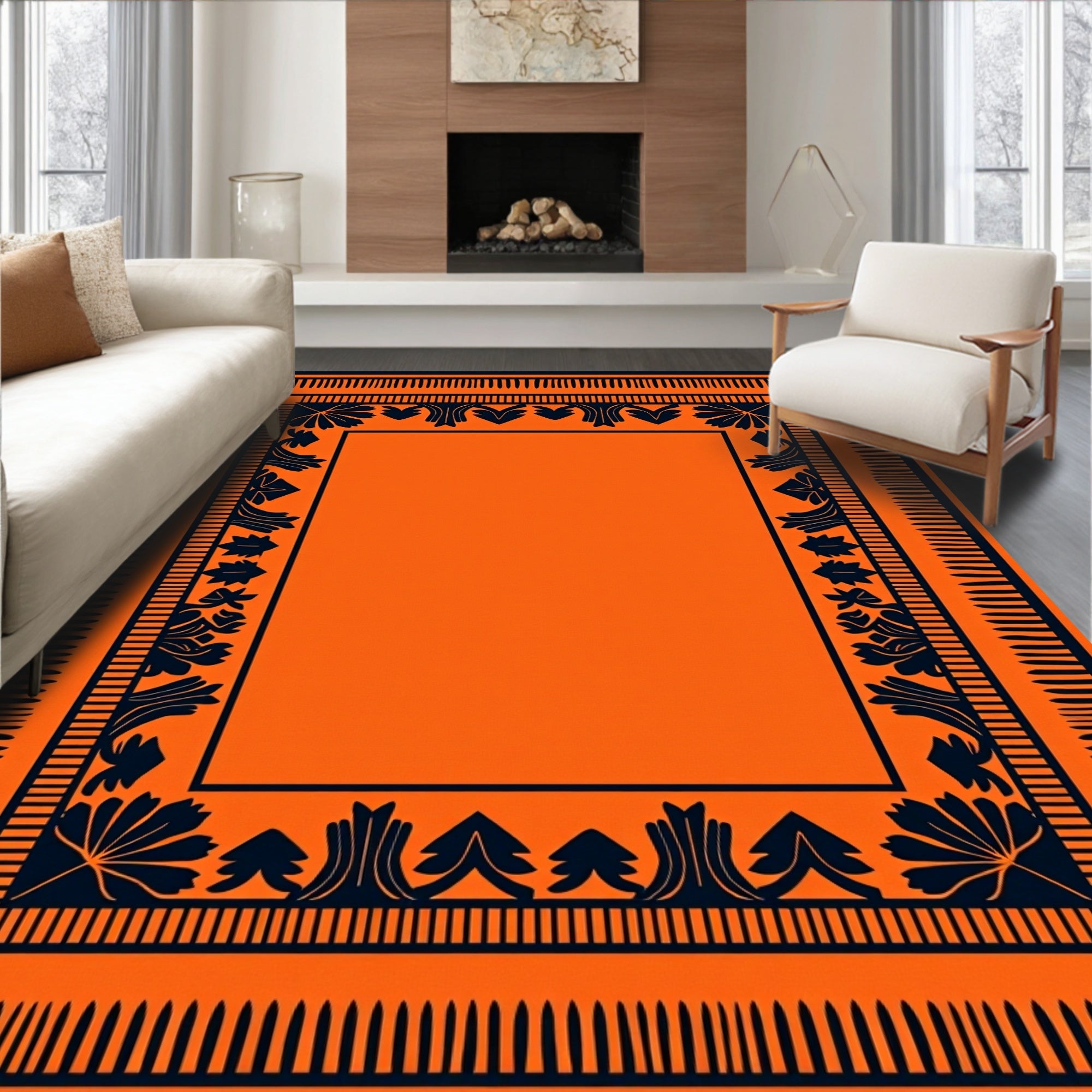 Bold Orange and Navy Floral Border Rug