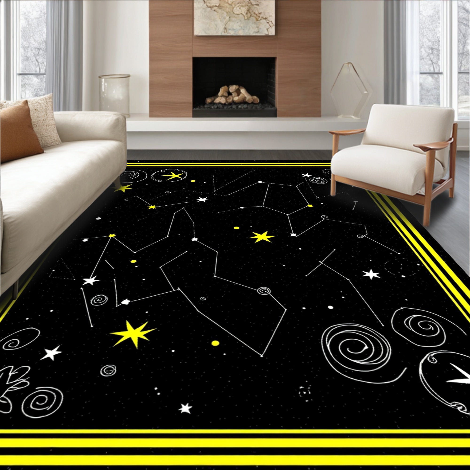 Cosmic Black And Gold Constellations Rug