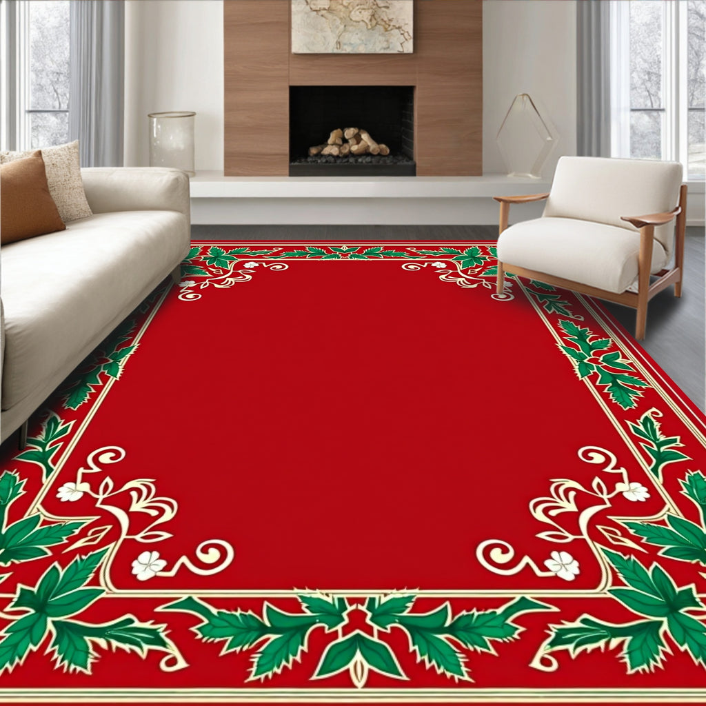 Crimson Green Leaf Vine Scroll Rug