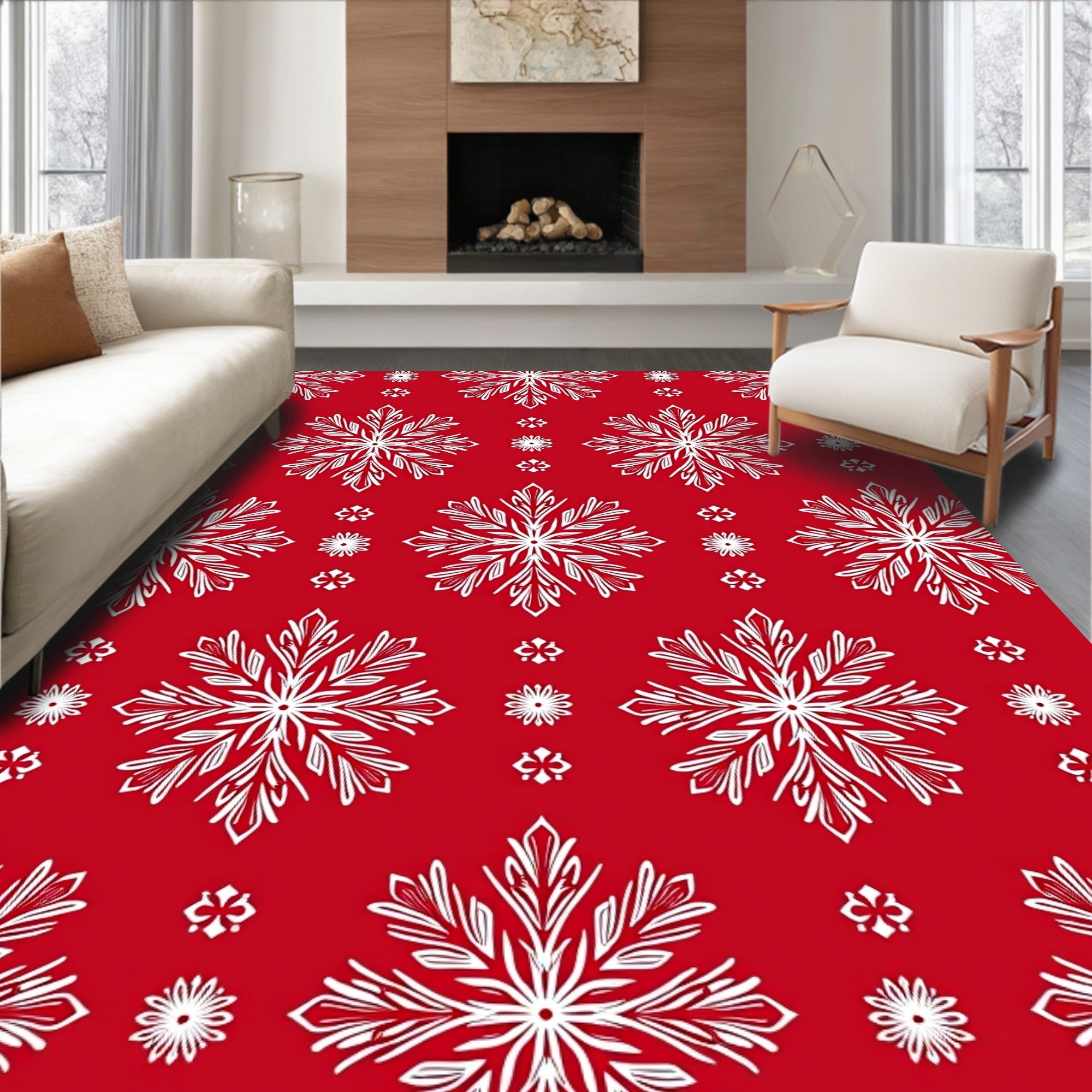 Red White Snowflake Geometric Repeat Rug