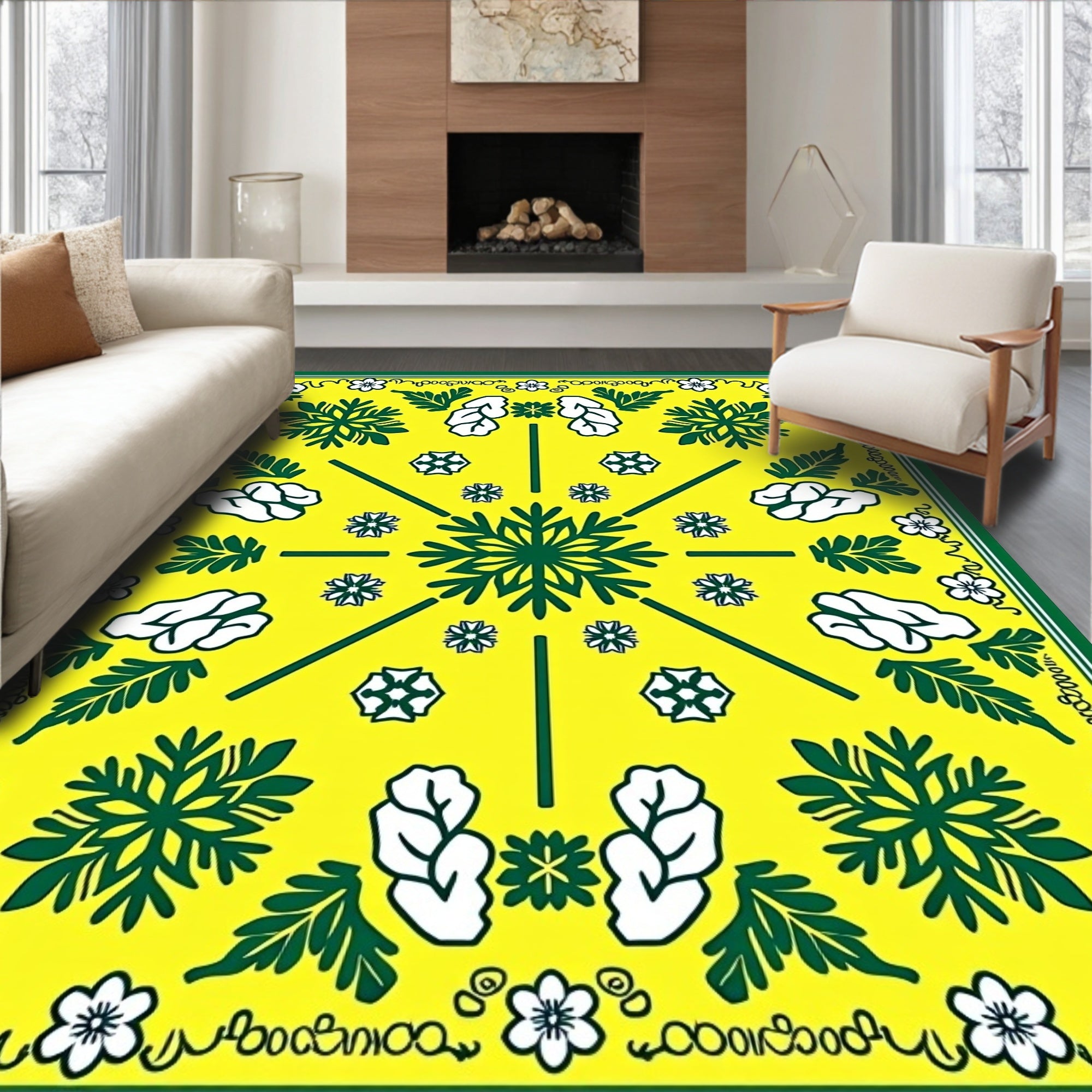 Bright Yellow Green Floral Starburst Rug