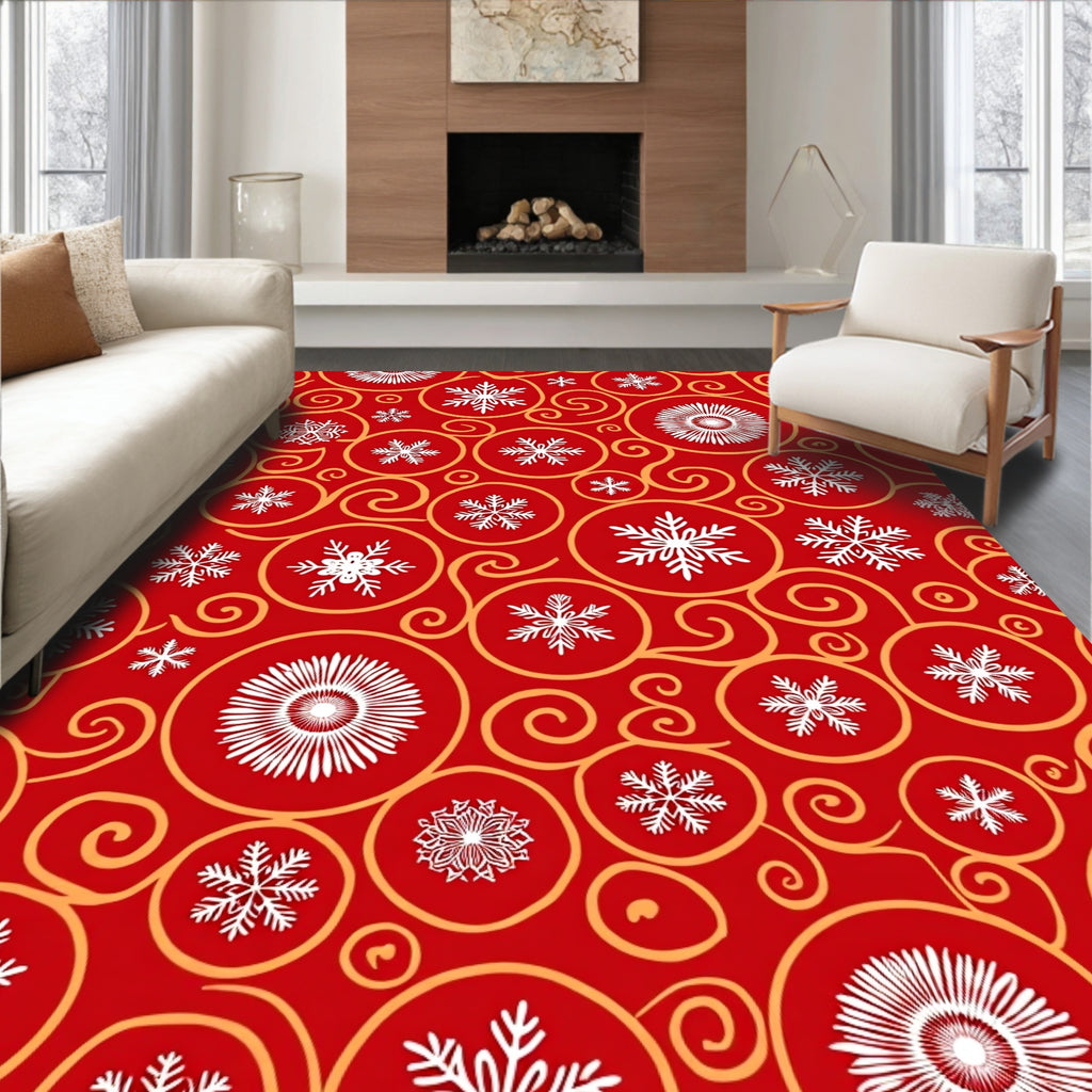 Red And White Snowflake Swirls Rug