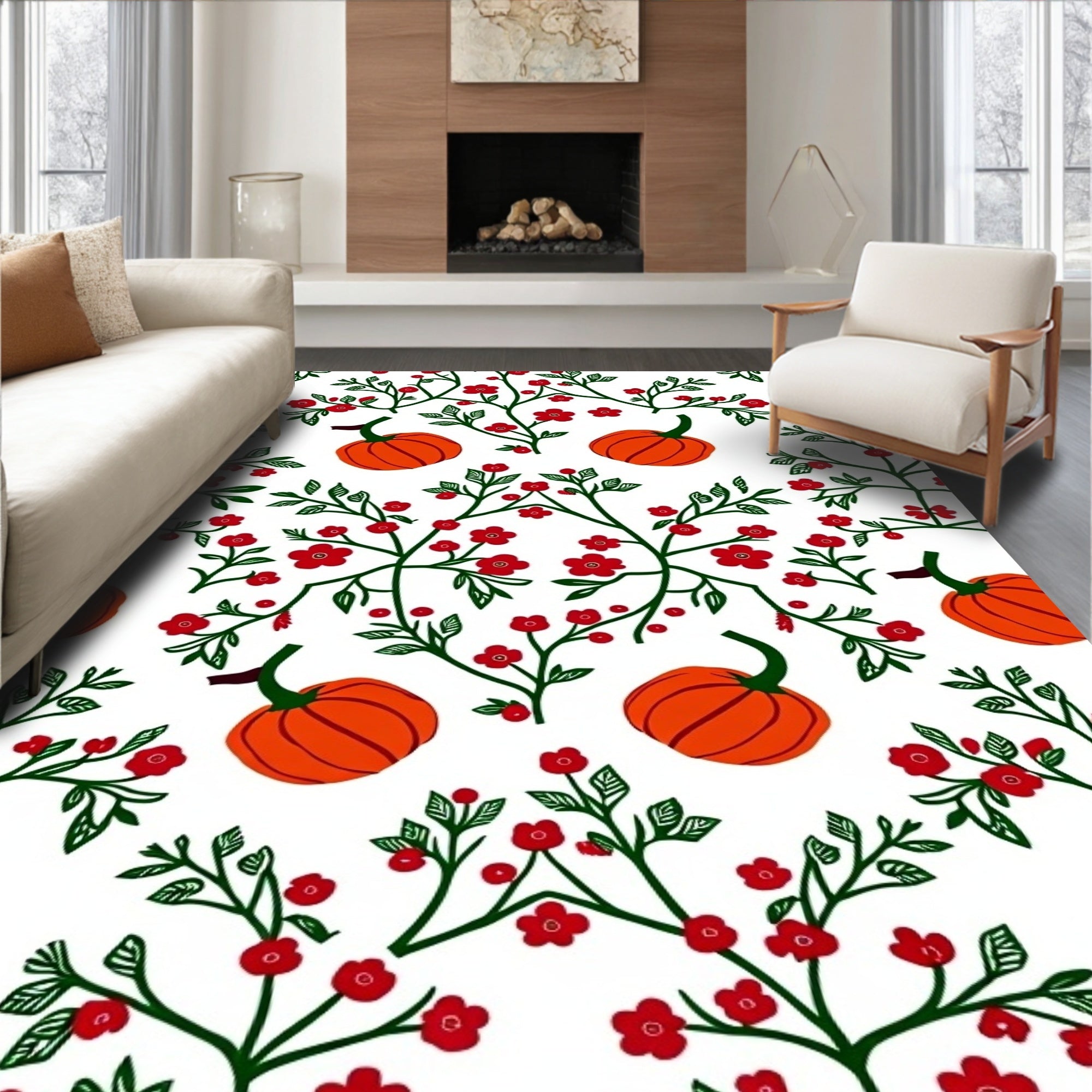 Orange Pumpkin Red Floral Vine Rug