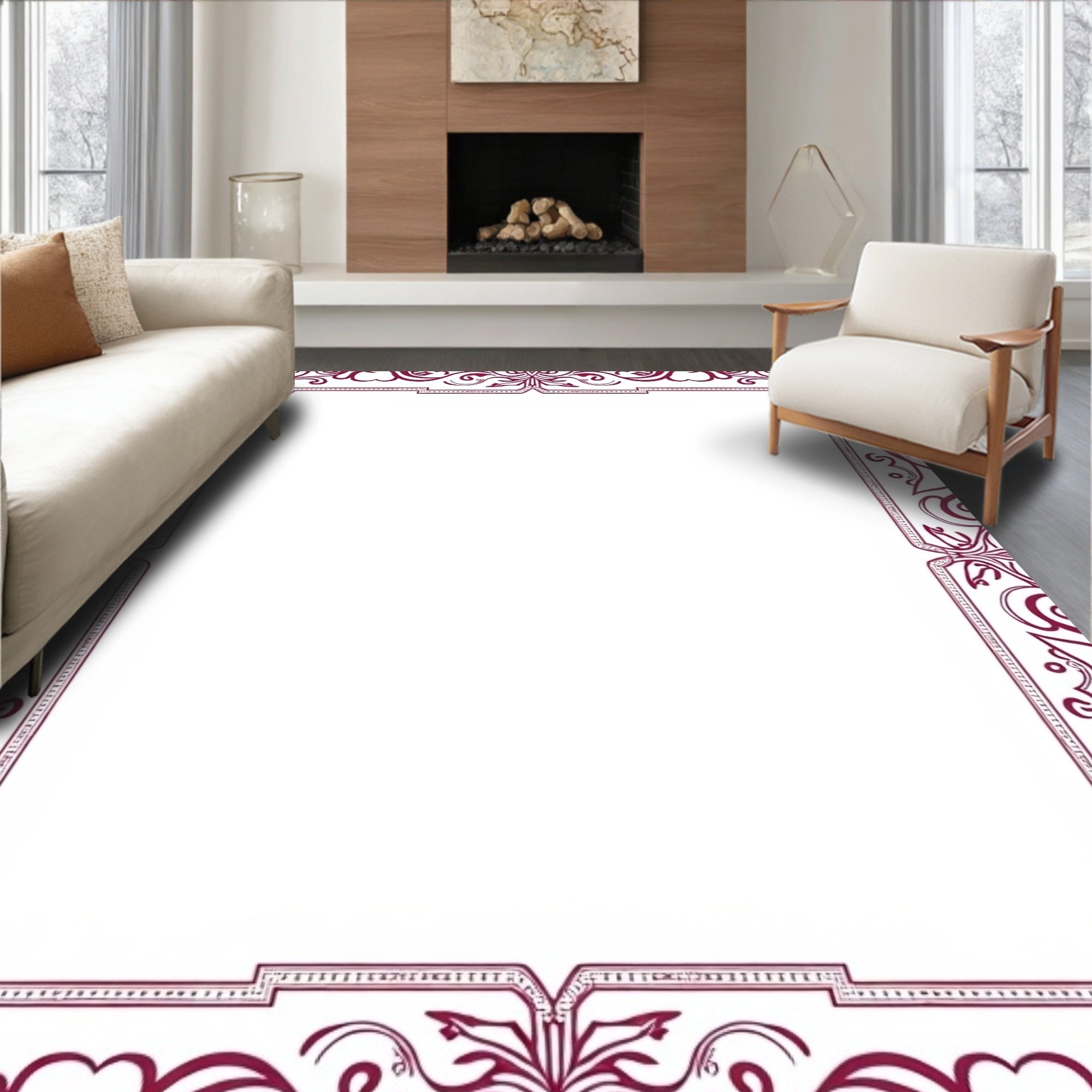 Ornate Crimson Floral Border Swirl Rug
