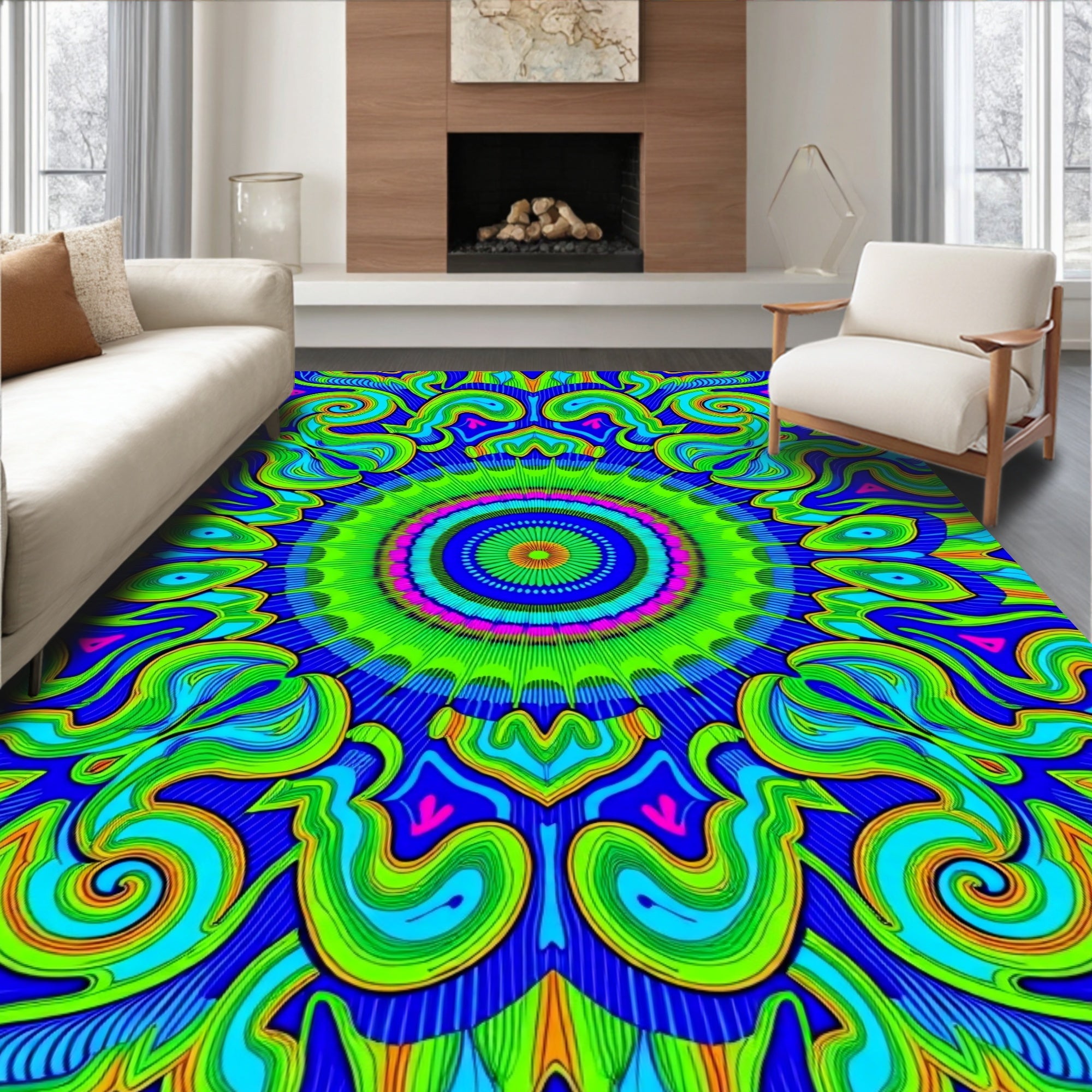 Psychedelic Blue Green Abstract Mandala Rug