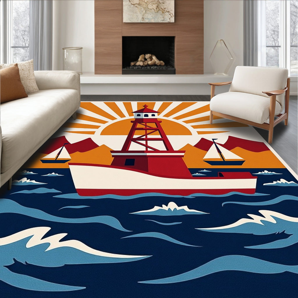 Red Lighthouse Sunset Sailing Ocean Rug