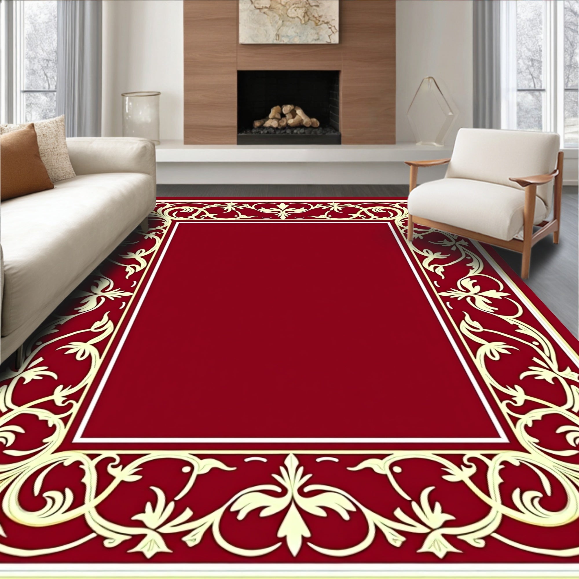 Deep Crimson Floral Scroll Border Rug