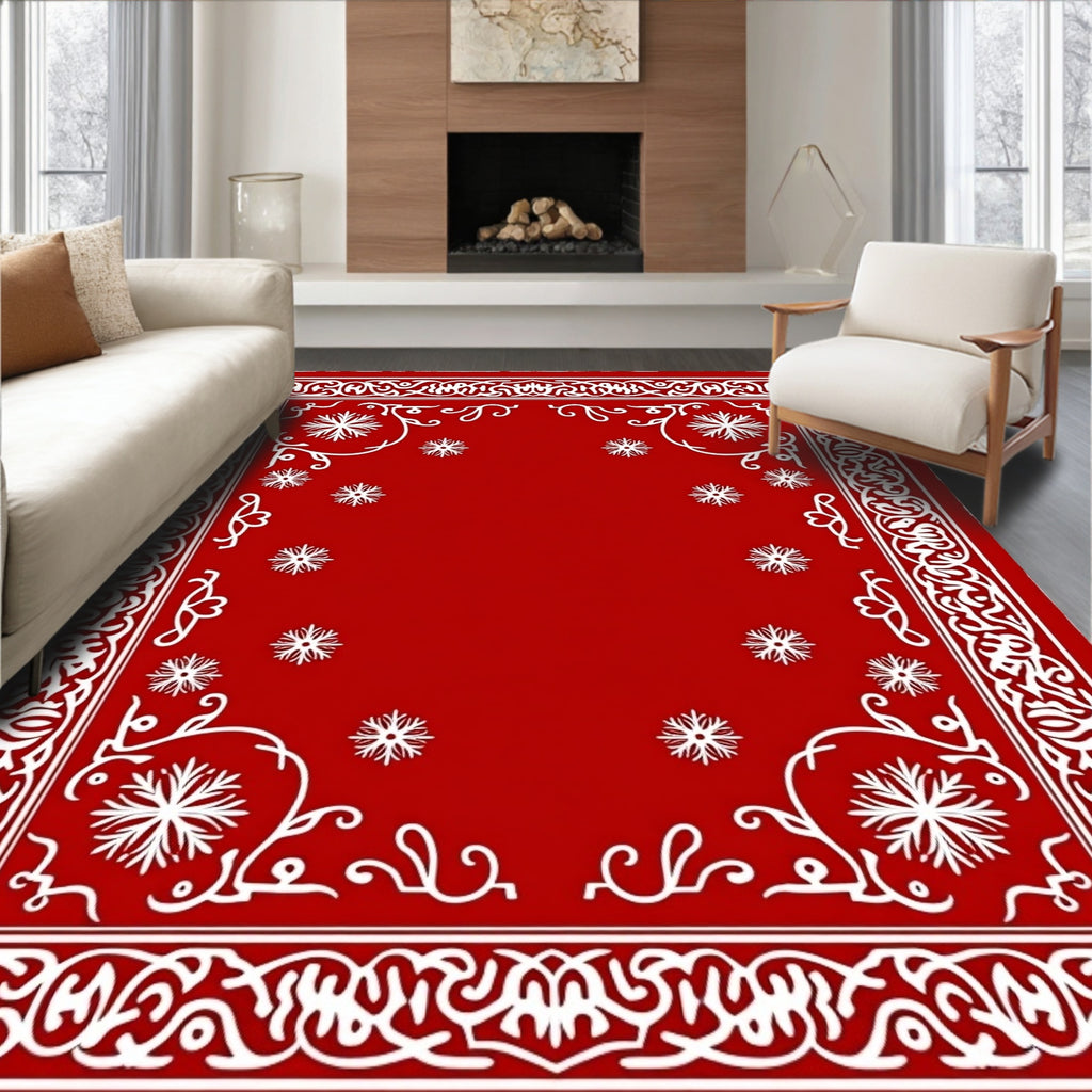 Crimson Red White Floral Border Rug