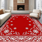 Crimson Red White Floral Border Rug