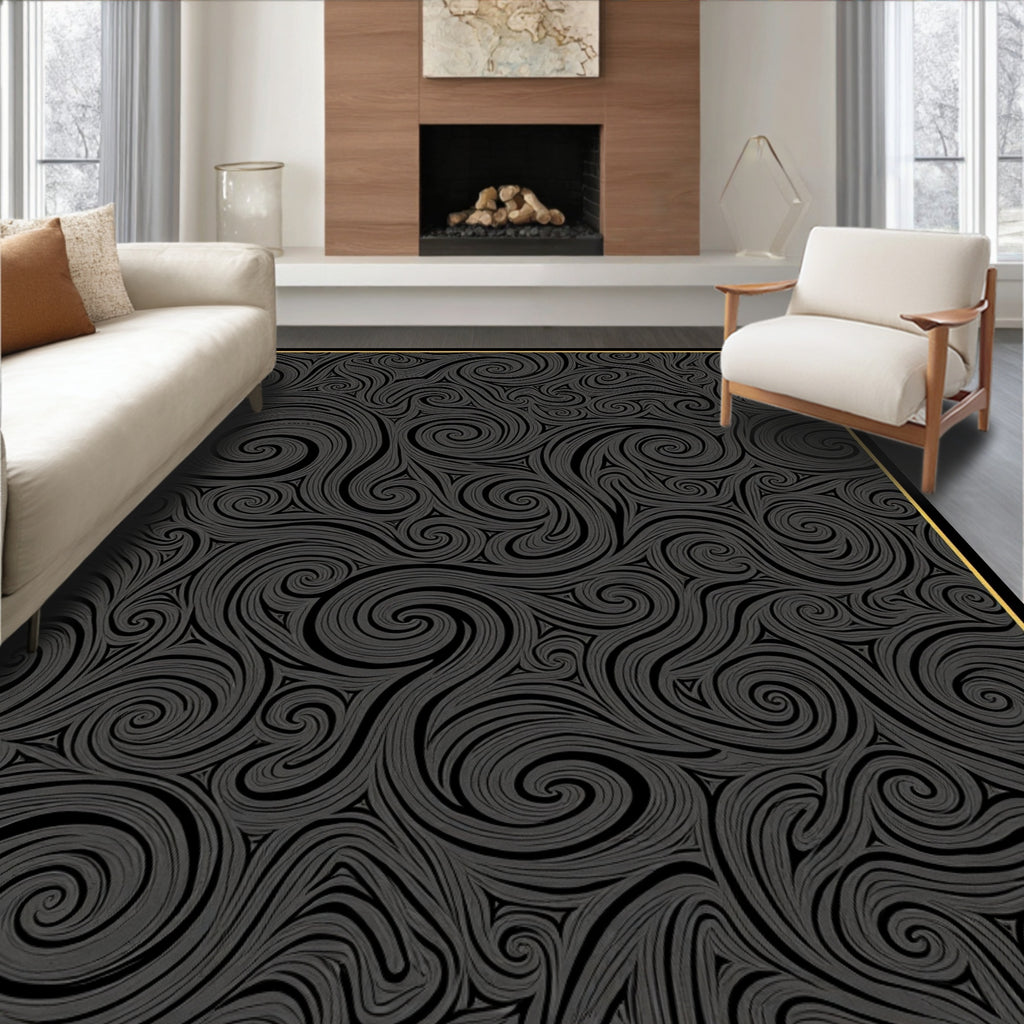 Dark Swirling Charcoal Abstract Texture Rug