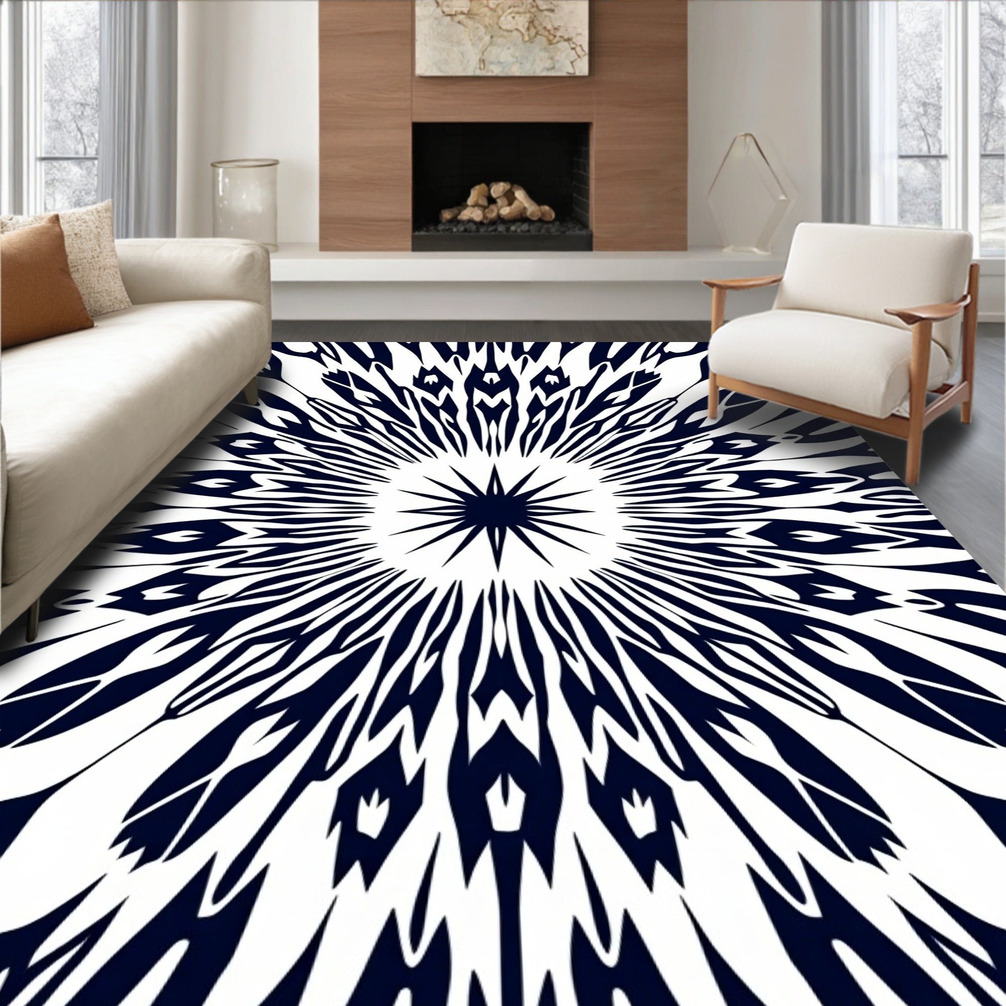 Dark Blue Sunburst Starburst Explosion Rug