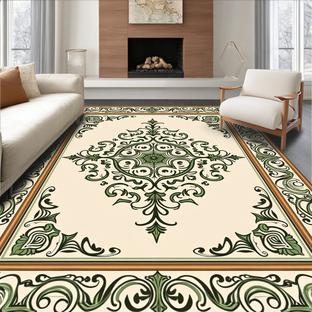 Cream and Green Scrollwork Medallion Rug