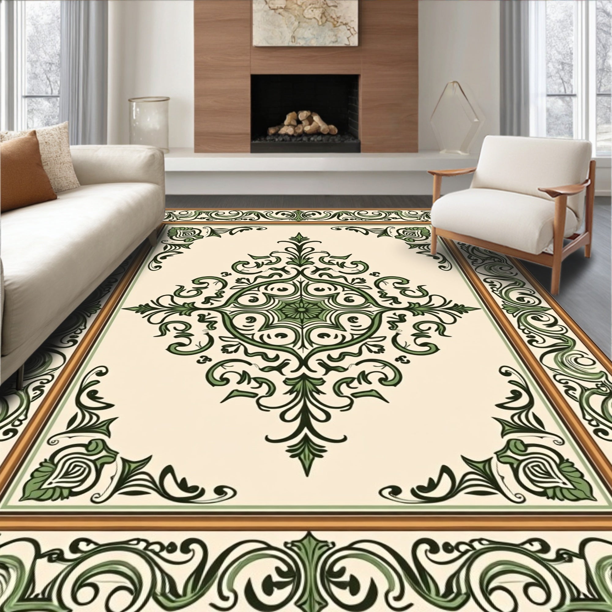 Cream and Green Scrollwork Medallion Rug