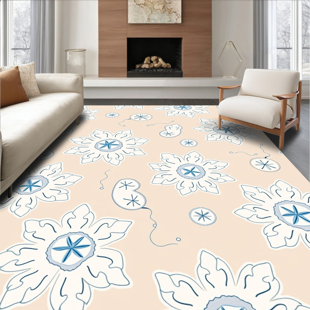 Pale Peach Blue Starburst Floral Rug