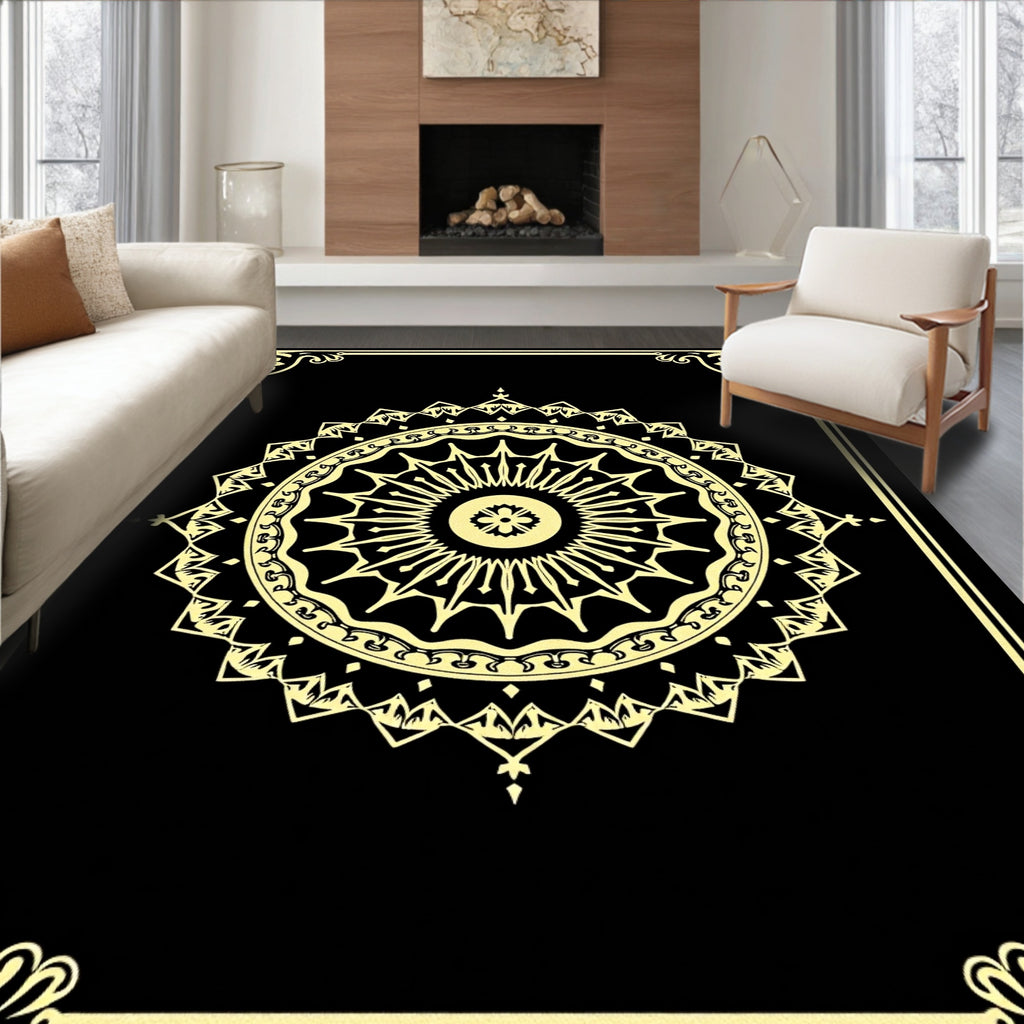 Golden Sunburst Mandala Frame Rug