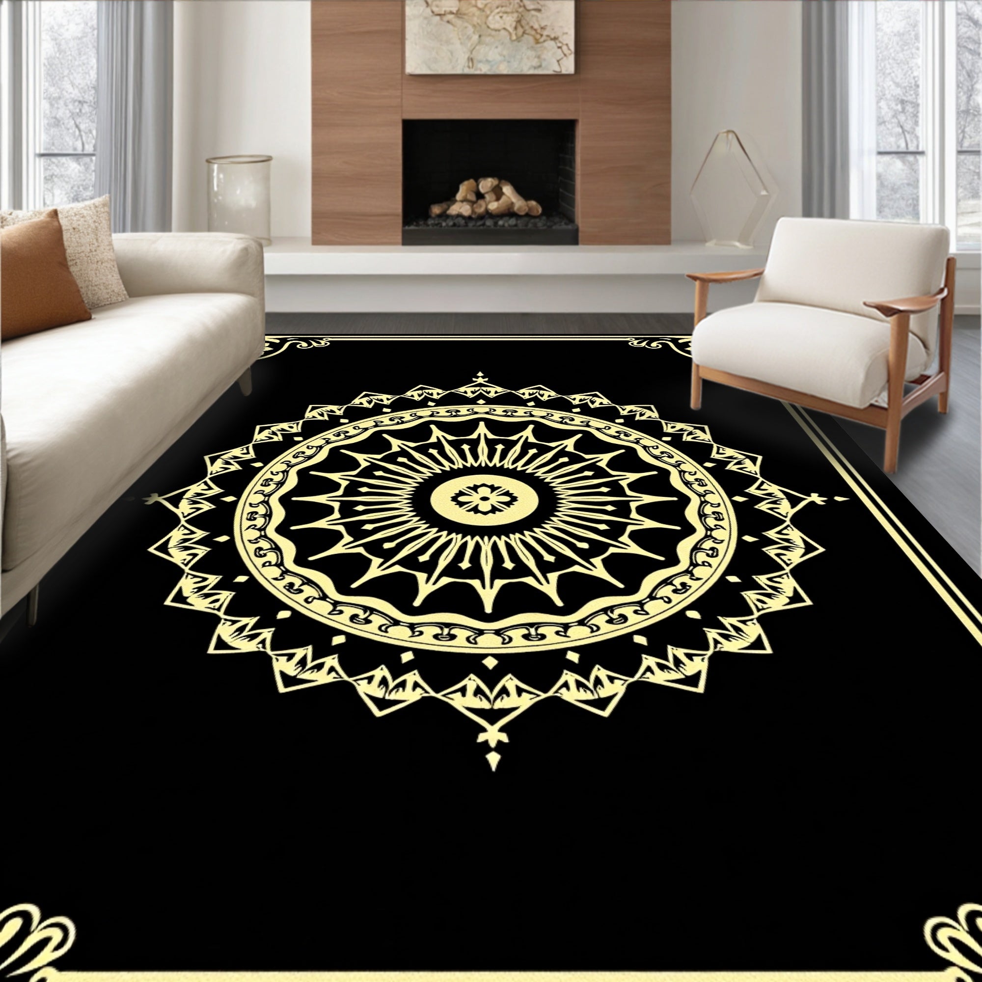 Golden Sunburst Mandala Frame Rug