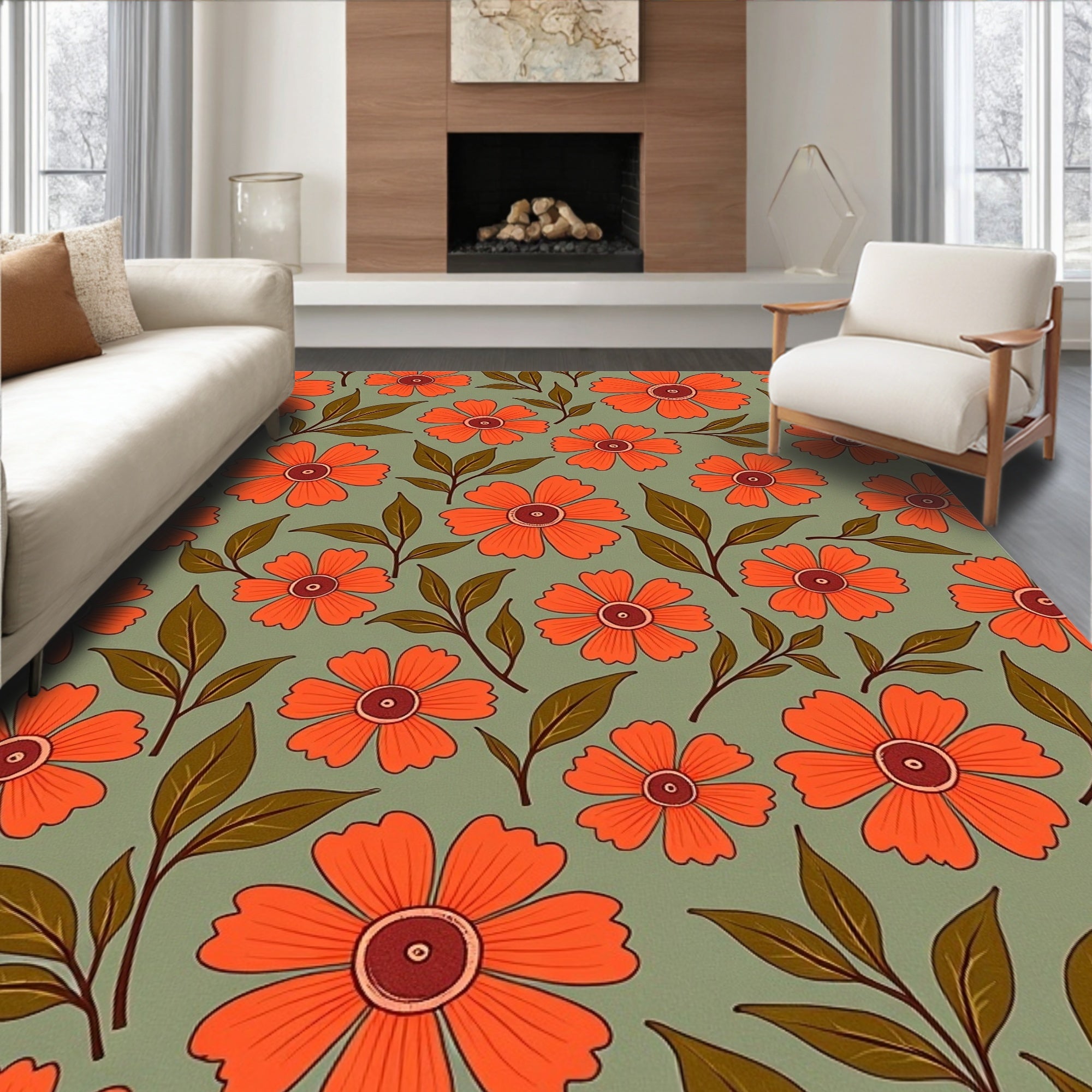 Retro Orange Blossom Foliage Rug