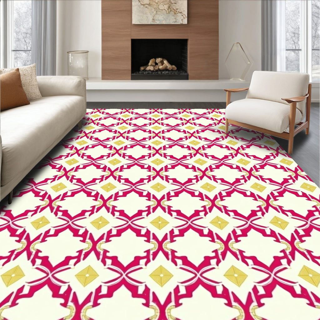 Crimson Yellow Lattice Geometric Layout Rug