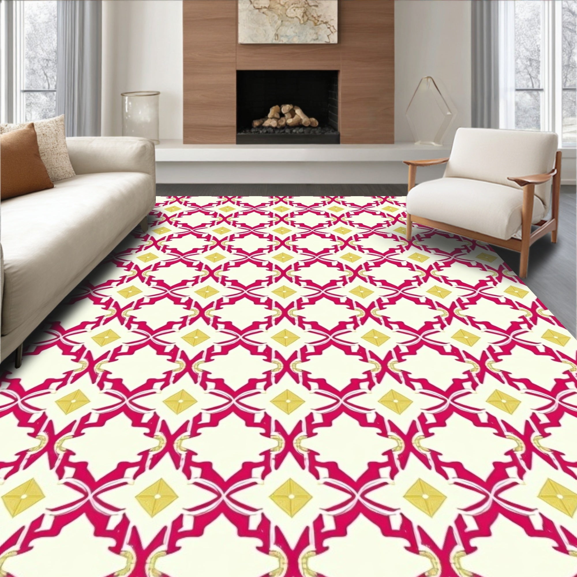 Crimson Yellow Lattice Geometric Layout Rug