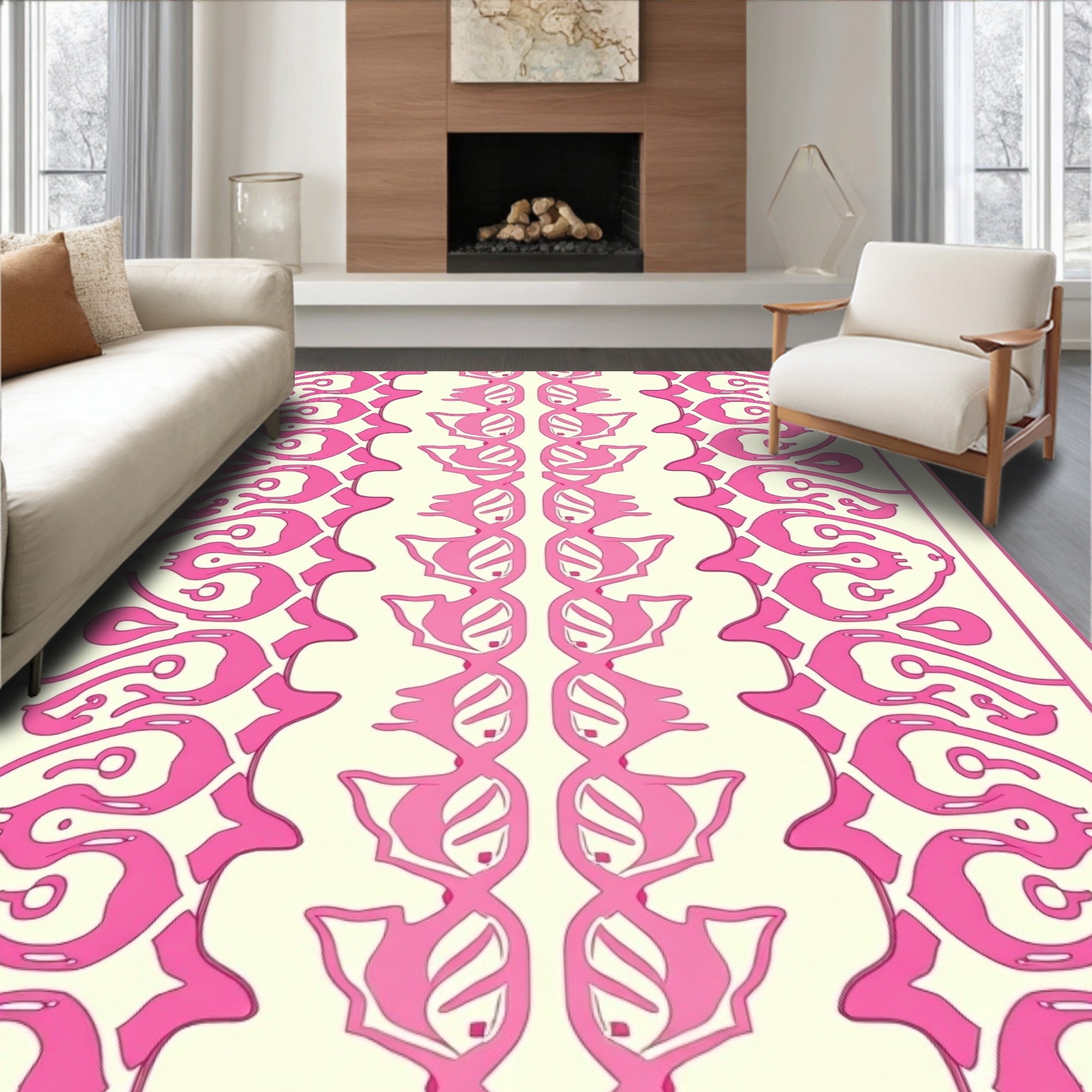 Pink Vintage Scroll Border Rug