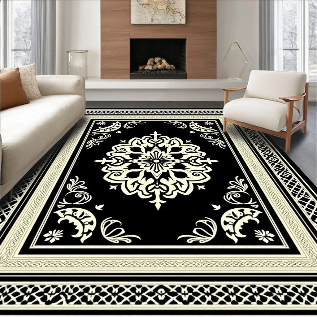 Ornate Black Cream Medallion Border Rug